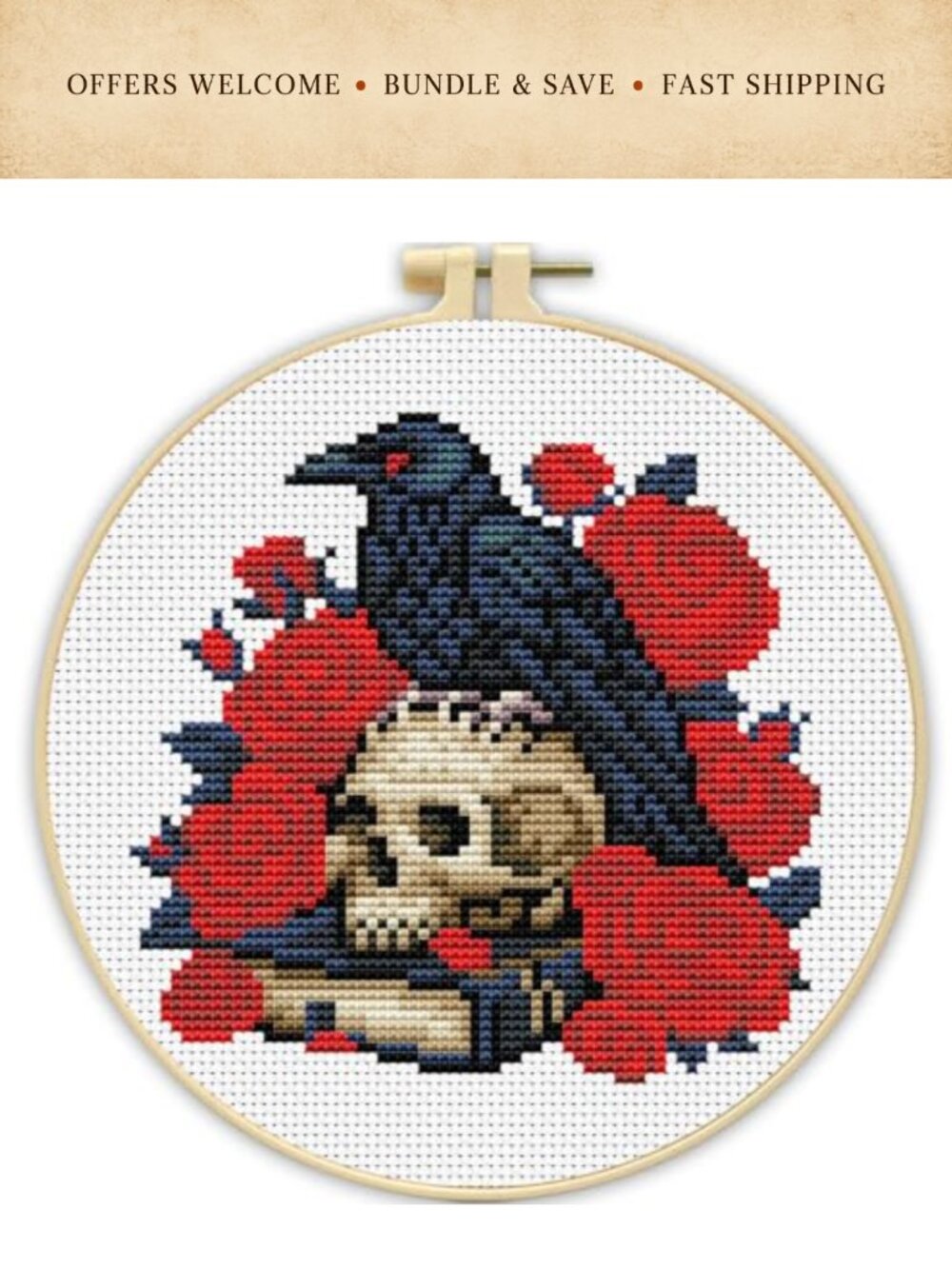 Gothic Stamped Cross Stitch Kit for Beginners with Embroidery Hoop DIY Craft